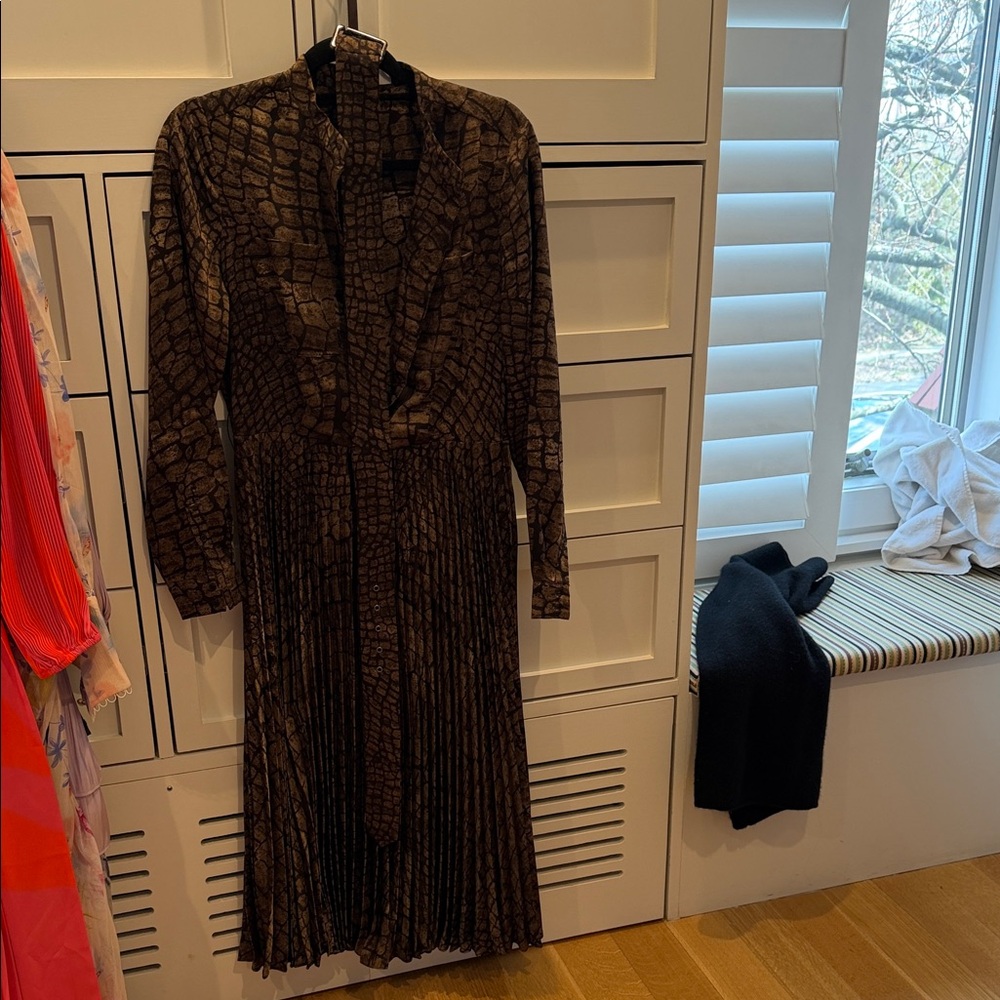 Reiss Brown Patterned Long-Sleeve Pleated Midi Dress